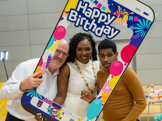 The Mayor Councillor Lilian Seenoi-Barr pictured with her husband Paul and son Brian as she hosted an Inclusive Birthday Party in the Foyle arena where children and young people from the ages of four to eighteen enjoyed a range of activities in association with the Mayoral Charity, BUD Club. Picture Martin McKeown. 12.01.24