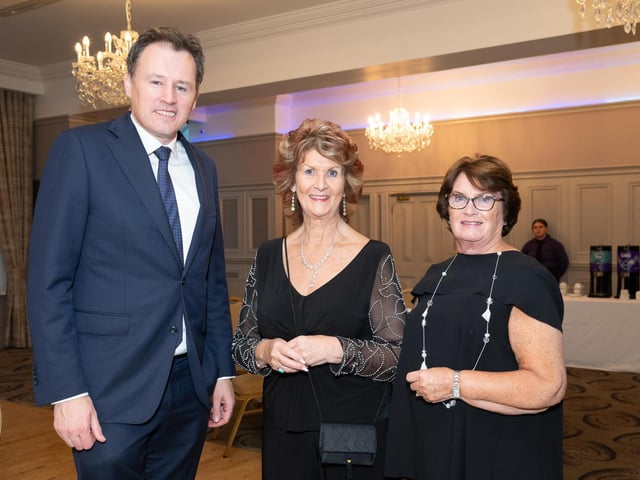 Charlie McConalogue, TD, Minsiter for Agriculture, Food and Marine with Kathleen Sheehan and Anne Carolan at the Tip O'Neill Irish Diaspora Awards 2024 in Inihsowen Gateway Hotel on Friday last. Photo Clive Wasson