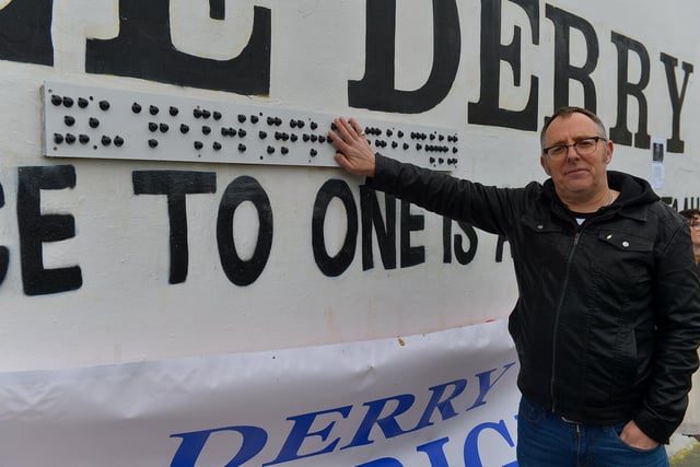 Declan McLaughlin from the Bloody Sunday Trust, who promoted the idea of having a Braille sign at Free Derry Corner, pictured at the launch on Tuesday afternoon. Photo: George Sweeney. DER2305GS – 61