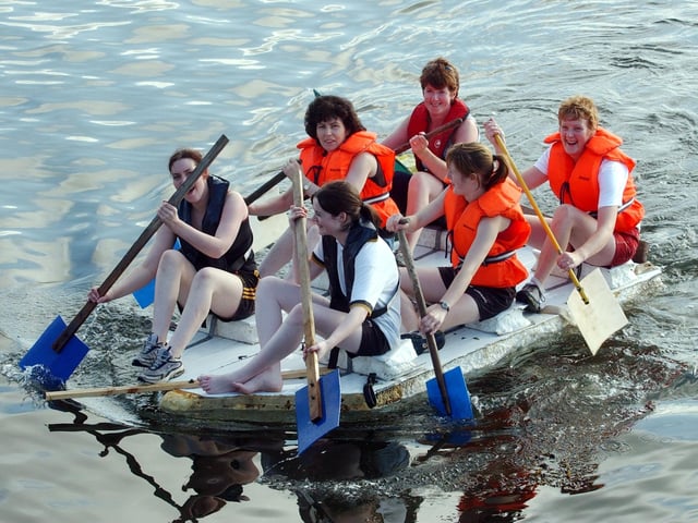 THUNDERBIRDS ARE GO - The Thunderbirds raft finishing the Malin RNLI Raft Race. The ladies raised the most money for the RNLI for the second year in succession.