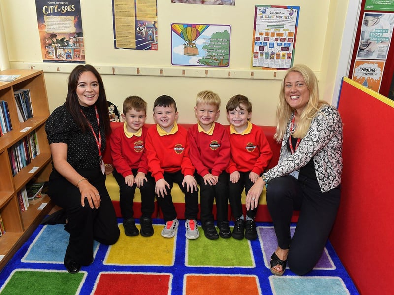 Miss Abbot (left) and Miss Lynch pictured with P1 pupils at Ballourgy School.