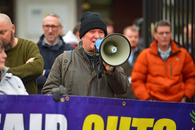 NUJ Derry North West Ireland Branch representative speaking at a protest outside BBC Radio Foyle, on Northland Avenue, on Wednesday afternoon against proposed cuts to jobs and services by BBC Northern Ireland as part of a cost-cutting and restructuring project. Photo: George Sweeney. DER2248GS – 40