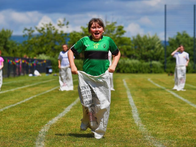 Competing in a sack race at the Holy Child Primary School sports day held on Monday last. Photo: George Sweeney. DER2325GS – 002