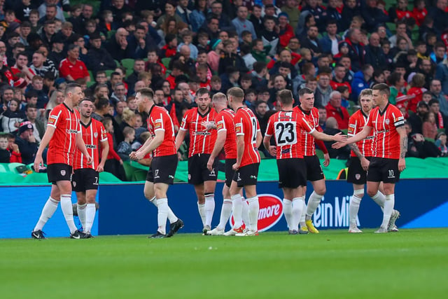 WOULD YOU BELIEVE IT? Derry City players celebrate another goal during Sunday's 4-0 FAI Cup Final victory over Shelbourne in the Aviva Stadium. (Photo: Photo: Kevin Moore/MCI)