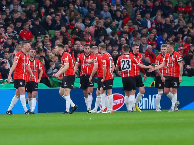 WOULD YOU BELIEVE IT? Derry City players celebrate another goal during Sunday's 4-0 FAI Cup Final victory over Shelbourne in the Aviva Stadium. (Photo: Photo: Kevin Moore/MCI)