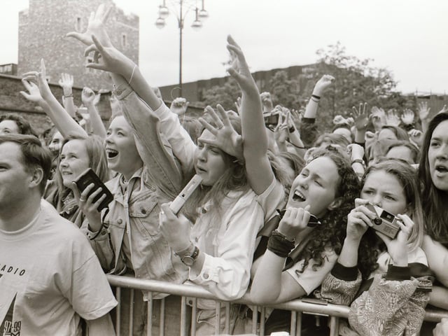 Ecstatic fans enjoying the BBC Radio 1 roadshow in 1993.