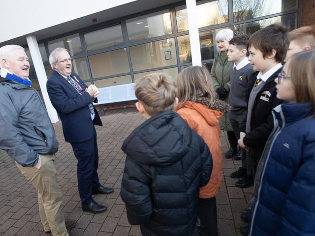 Mr. John Harkin, Principal, Oakgrove Integrated College welcoming pupils from Model PS to the College on Monday last as part of an 'Active Learning Day'. (Photos: Jim McCafferty Photography)