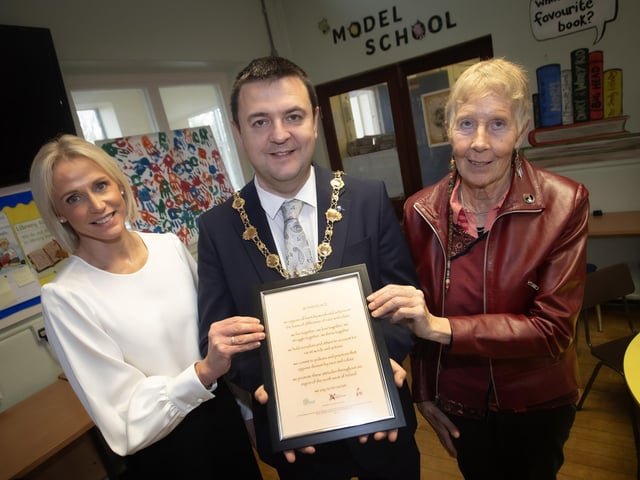 The Mayor of Derry City and Strabane District Council, Ruairi McHugh pictured with Mrs. Julie McCarter, Principal and Ms. Daisy Mules, chair, Board of Governorrs, Model PS.