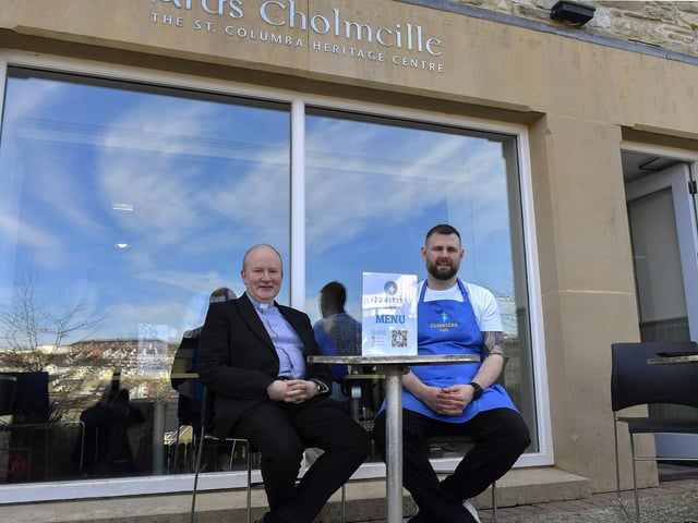 Father Gerard Mongan, Administrator, Long Tower Church, alongside Pat Kennedy, proprietor, of the Cloisters Café based in Aras Cholmcille. Photo: George Sweeney
