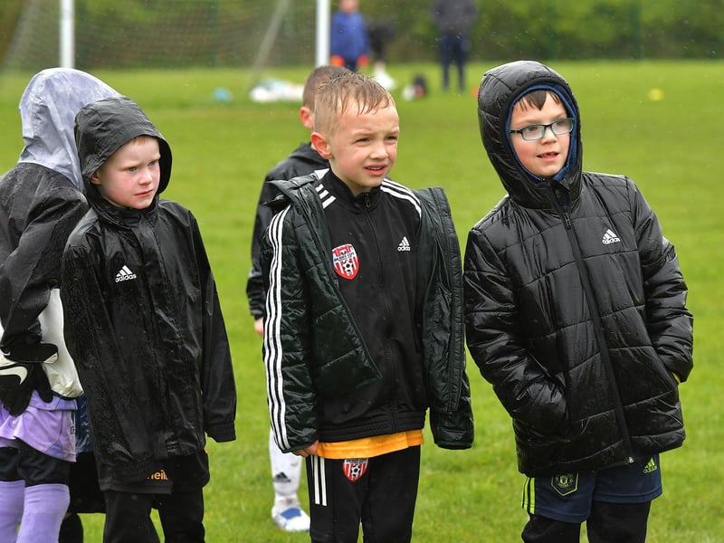 The inclement weather, on Tuesday, did not deter attendance at the Derry City Easter Soccer Camp at Broadbridge Primary School. Picture: George Sweeney. DER2315GS – 133