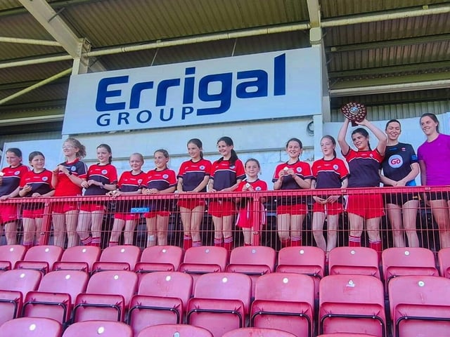 Derry Primary Schools Girls Finals at Celtic Park: Holy Family PS celebrates winning the Tower Cup Shield. Photo courtesy of Francis Mallon