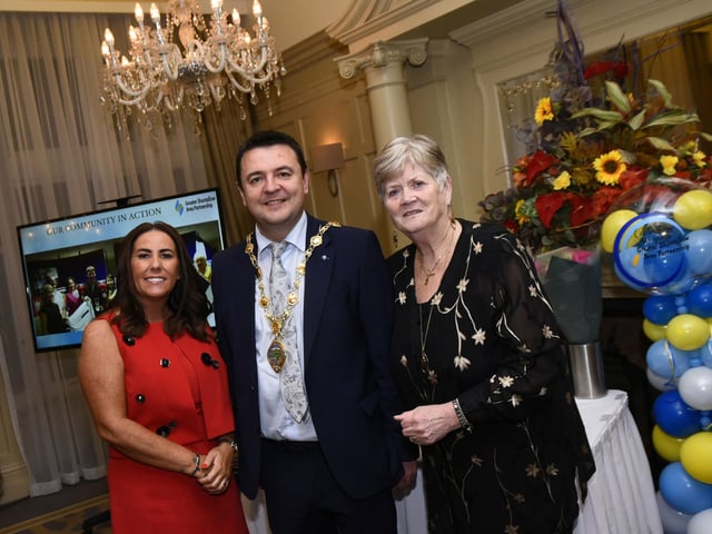 The Mayor of Derry City and Strabane District Council, Ruairi McHugh pictured with Nicola Mullan and Marie Gillespie at the Greater Shantallow Area Partnership's 30th anniversary celebrations in Bishop's Gate Hotel, Derry on Friday night last. : .