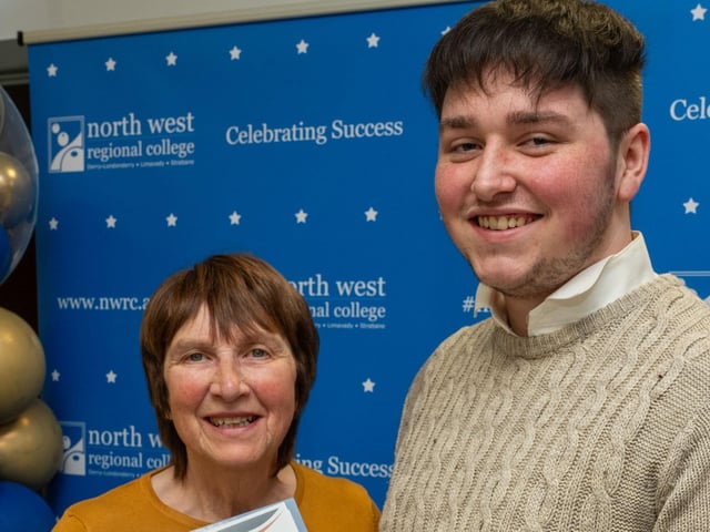 Jack McLaughlin and godmother Ronnie McGonagle at the Best in Further Education awards held at North West Regional College in Strand Road.