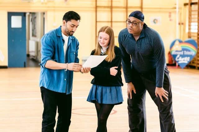 Actors Paul Oakley Stovall and Nikhil Saboo at Trinity College, Belfast.