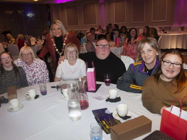 The Mayor, Sandra Duffy pictured with Foyle Down Syndrome Trust members and their families enjoying the Celebration of Achievement event.