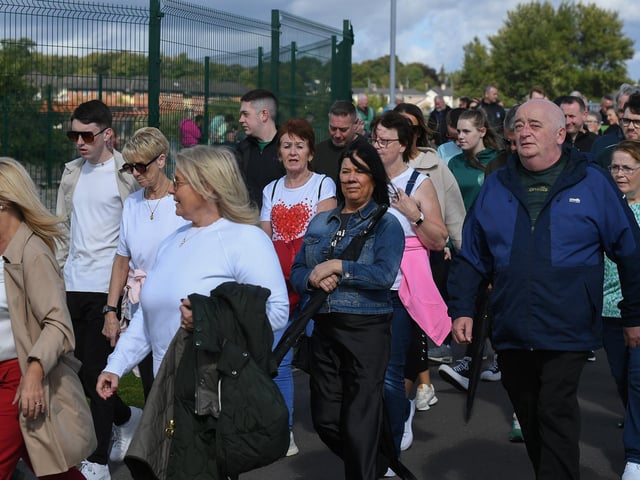 Participants who took part in Sunday’s Chieftain’s Walk from Bay Road to Foyle Road. Photo: George Sweeney