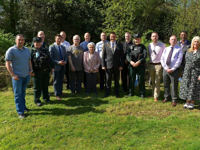 2022: Group pictured at the unveiling of a memorial in St Columb’s Park on Saturday afternoon last, remembering all those who have lost loved ones on our roads. Included in the photograph were then Mayor Graham Warke and then Deputy Mayor Christopher Jackson, Life After Charity founder and chairperson Christopher Sherrard, Debbie Mullan, Life After trauma counsellor and Vice-Chairperson, local clergy, politicians and emergency services representatives.  Photo: George Sweeney. DER2216GS – 226