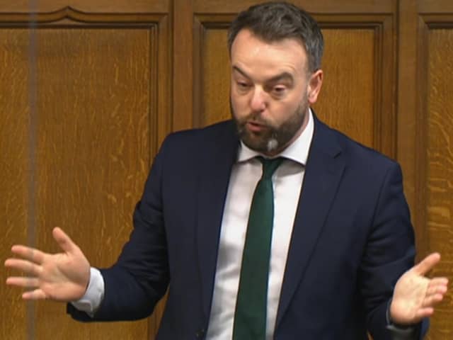 Colum Eastwood speaking in the British House of Commons on Monday, February 26.