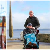 Adrian Harkin, on left and on right, with his friend Brian McDermott showcasing the Summit 2 Sea for MND challenge.