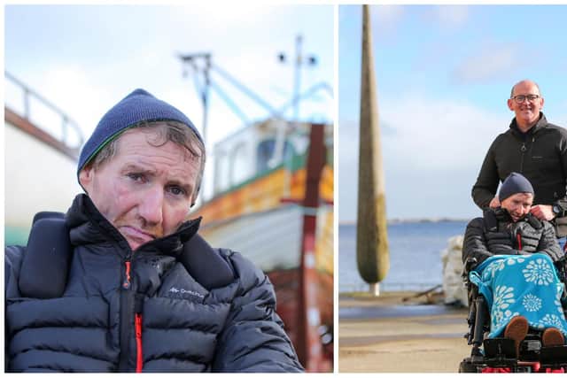 Adrian Harkin, on left and on right, with his friend Brian McDermott showcasing the Summit 2 Sea for MND challenge.