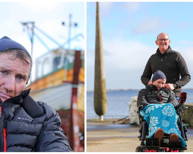Adrian Harkin, on left and on right, with his friend Brian McDermott showcasing the Summit 2 Sea for MND challenge.