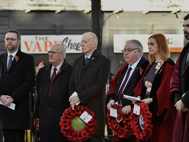 Gary Middleton MLA, Baron Hay of Ballyroe, Gregory Campbell MP, Alderman Darren Guy, Alderman Janice Montgomery and Alderman Gary Wilkinson at the Royal British Legion Waterside Remembrance Sunday held at the Cenotaph in the Diamond. Photo: George Sweeney