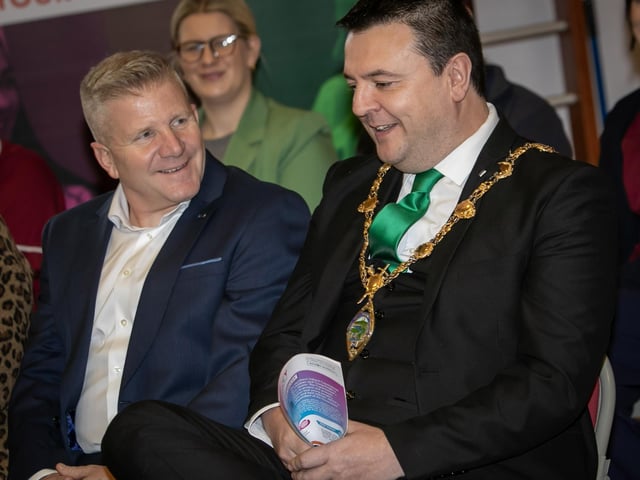 Children's Commissioner Chris Quinn and the Mayor, Ruairi McHugh in conversation during Wednesday's launch in St. Patrick's Primary School, Pennyburn, Derry. : Children’s rights and wellbeing programme.