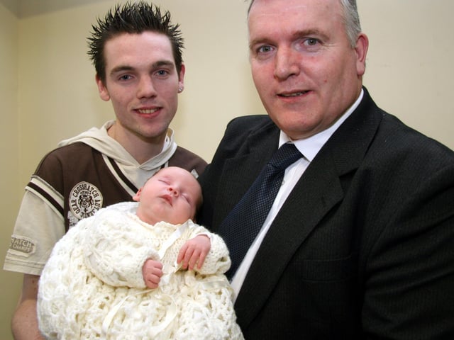 Baby Gerard Edward pictured with hia dad Gerard and grandad Gerard, (The Three Gerards) 0025JML : Parties and nights out in March 2006