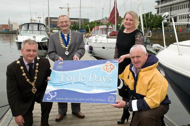 2010: Pictured at the launch of the annual Foyle Days festival were, then Mayor Councillor Paul Fleming,  Jim Travers, President of  Derry Credit Union,  Claire Lundy, Marketing and Communications Officer with Derry City Council and Bill McCann, Harbour Master. Picture Martin McKeown. Inpresspics.com.