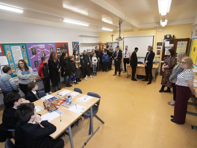 Mr. Ryan Horner, English Department addressing prospective pupils and their parents at St. Columb's College Open Day on Saturday. : .