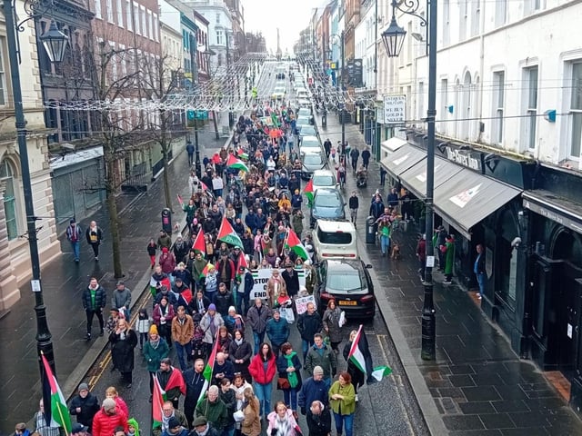Thousands participate in Derry rally for Palestine calling for a ceasefire in Gaza on January 13, 2024