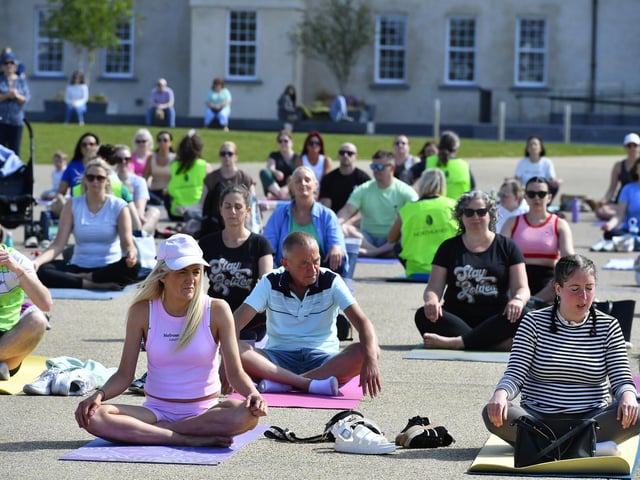 There was a large turnout, in Ebrington Square on Saturday morning, for the Northlands Well Being Yoga event lead by John Bell. The event was part of the Northlands 50th Anniversary Celebrations. Photo: George Sweeney