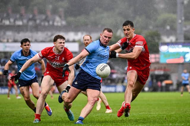 Ciaran Kilkenny of Dublin in action against Lachlan Murray, left, and Shane McGuigan during the GAA Football All-Ireland Senior Championship Round 3 match. Photo by Ramsey Cardy/Sportsfile