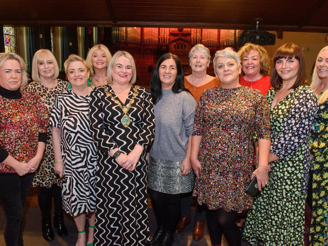 Skeoge Hub staff with the Mayor Councillor Sandra Duffy who once again welcomed people to the Guildhall as she hosted another popular Derry City and Strabane District Council Tea Dance. Picture Martin McKeown. 09.11.22:.:The Mayor's Tea Dance