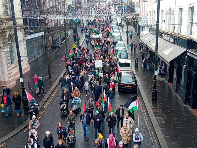 Thousands participate in Derry rally for Palestine calling for a ceasefire in Gaza on January 13, 2024