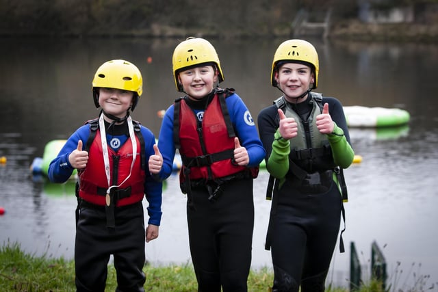 BOYS DID WELL!. . . .St. Joseph’s Boys School Year 8s Ethan McDaid, Killian Bradley and Keelan McLaughlin, pictured after completing Saturday’s Pier Jump.