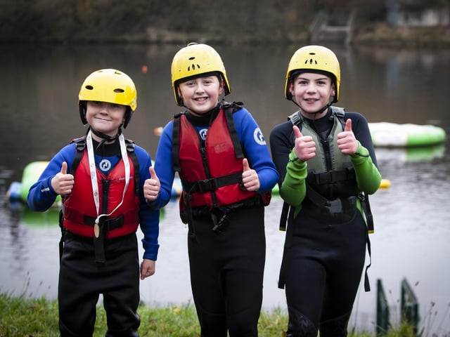 BOYS DID WELL!. . . .St. Joseph’s Boys School Year 8s Ethan McDaid, Killian Bradley and Keelan McLaughlin, pictured after completing Saturday’s Pier Jump.