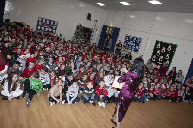 Cui teaches Mandarin to the pupils at Steelstown Primary School during their visit last week.