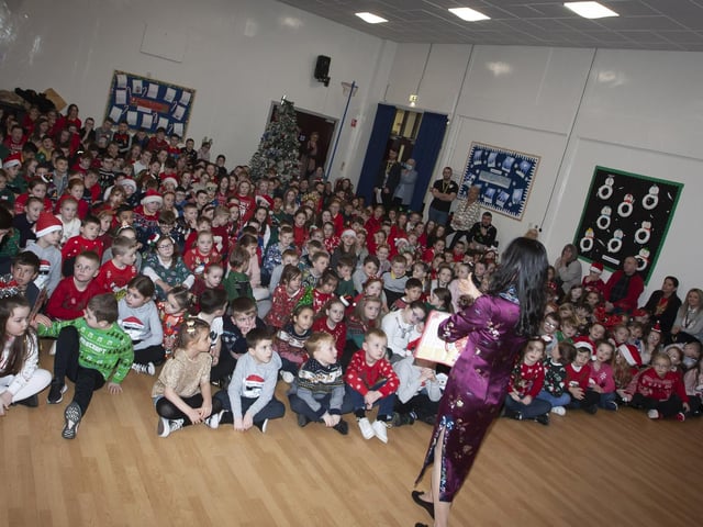 Cui teaches Mandarin to the pupils at Steelstown Primary School during their visit last week.