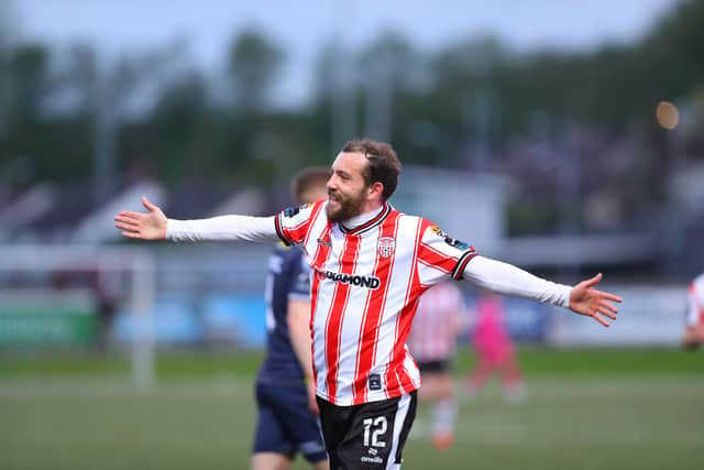 Derry City winger Paul McMullan celebrates scoring his first goal for the club against Shelbourne at Brandywell. Photo by Kevin Moore.