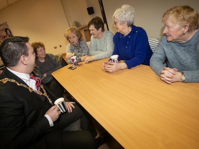 A chat and a nice cup of tea for Mayor McHugh at the Rathmor Women's 50+ Club on Tuesday. : Mayor visits Rathmore 50+ Women's Club.