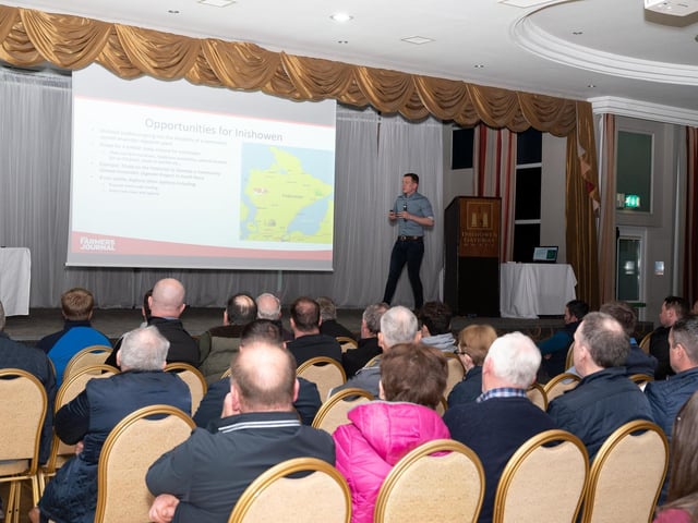 Stephen Robb, Farmers Journal spaking at the Inishowen Co-Operative Society’s Renewable Energy information evening for farmers in the Inishowen Gateway Hotel.  Photo Clive Wasson.