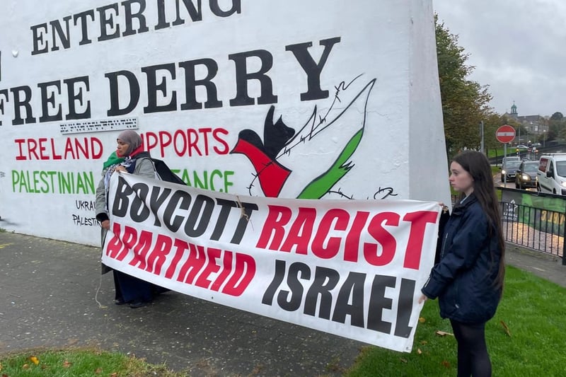 Protestors at a demonstration at Free Derry Corner this week in solidarity with the Palestinian people.