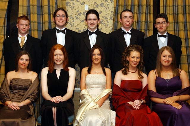Seated, from left, are Catriona Begley, Catherine Doherty, Jolene Irwin, Sarah Duffield and Amy Pollard. Standing, from left, are Jonathan Bolster, Paul Rodgers, Daryl Harkin, Sean Cartin and Declan Bradley. (1611C07) : Students and their guests pictured at the St Columb's College formal back in November 2004.