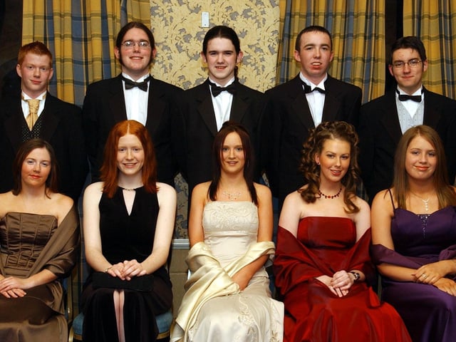 Seated, from left, are Catriona Begley, Catherine Doherty, Jolene Irwin, Sarah Duffield and Amy Pollard. Standing, from left, are Jonathan Bolster, Paul Rodgers, Daryl Harkin, Sean Cartin and Declan Bradley. (1611C07) : Students and their guests pictured at the St Columb's College formal back in November 2004.