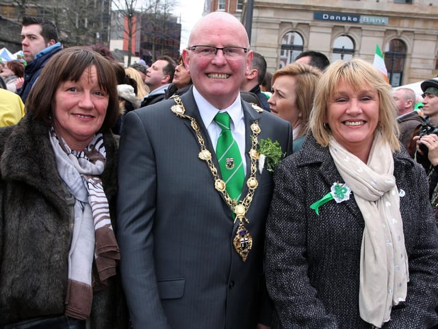 The Mayor of Derry Councillor Kevin Campbell, with Minty Thompson and Patricia Murphy, from Derry, on his tour of Guildhall Square during the St. Patrick’s Day celebrations on Sunday.