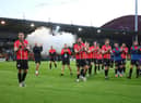 Derry City players come over and applaud the supporters who travelled to Riga, after the Europa Conference League encounter in July.