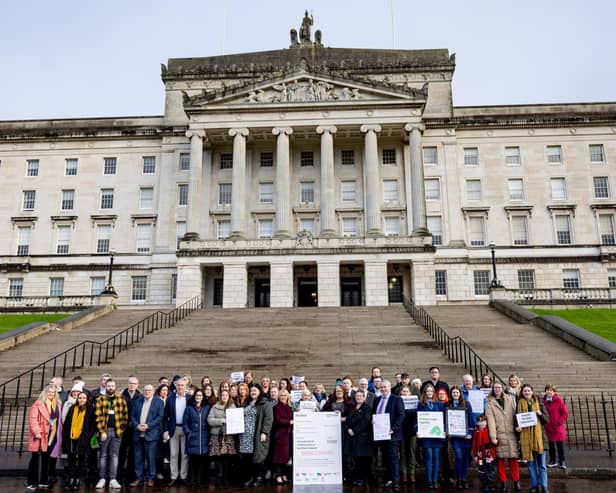 Campaigners call for action on child poverty at Stormont. Credit: Hannah Christie at Hyperfocus Creative