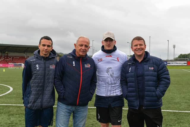 Pictured at the launch of the Ryan McBride 2023 Summer Camp, at the Brandywell Stadium, are Paul O’Donnell, Martin Doherty, Portsmouth winger Ronan Curtis and Andrew Cassidy, Derry City FC director.  Photo: George Sweeney. DER2327GS - 001