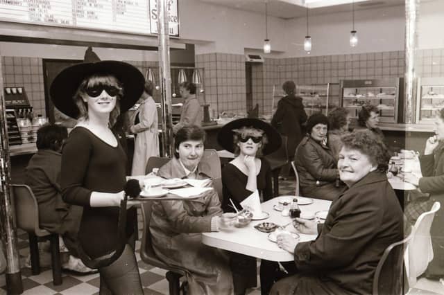 Hallowe'en Waitresses at Wellworths café at Waterloo Place in Derry.